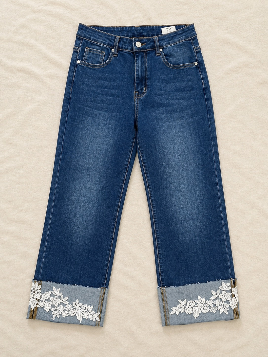 Lace Hem Straight Leg Denim Jeans
