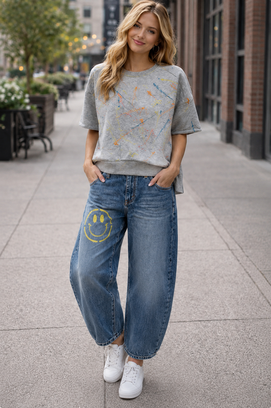 Smiley Face Barrel Leg Jeans