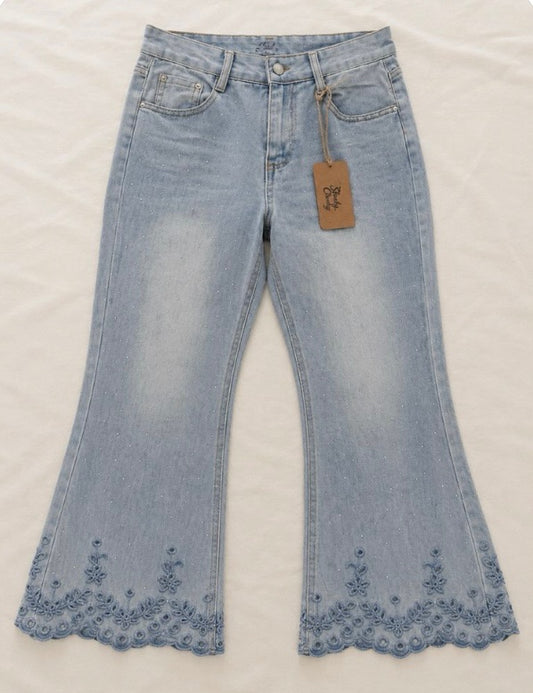Laser Cut Detail Flare Denim
