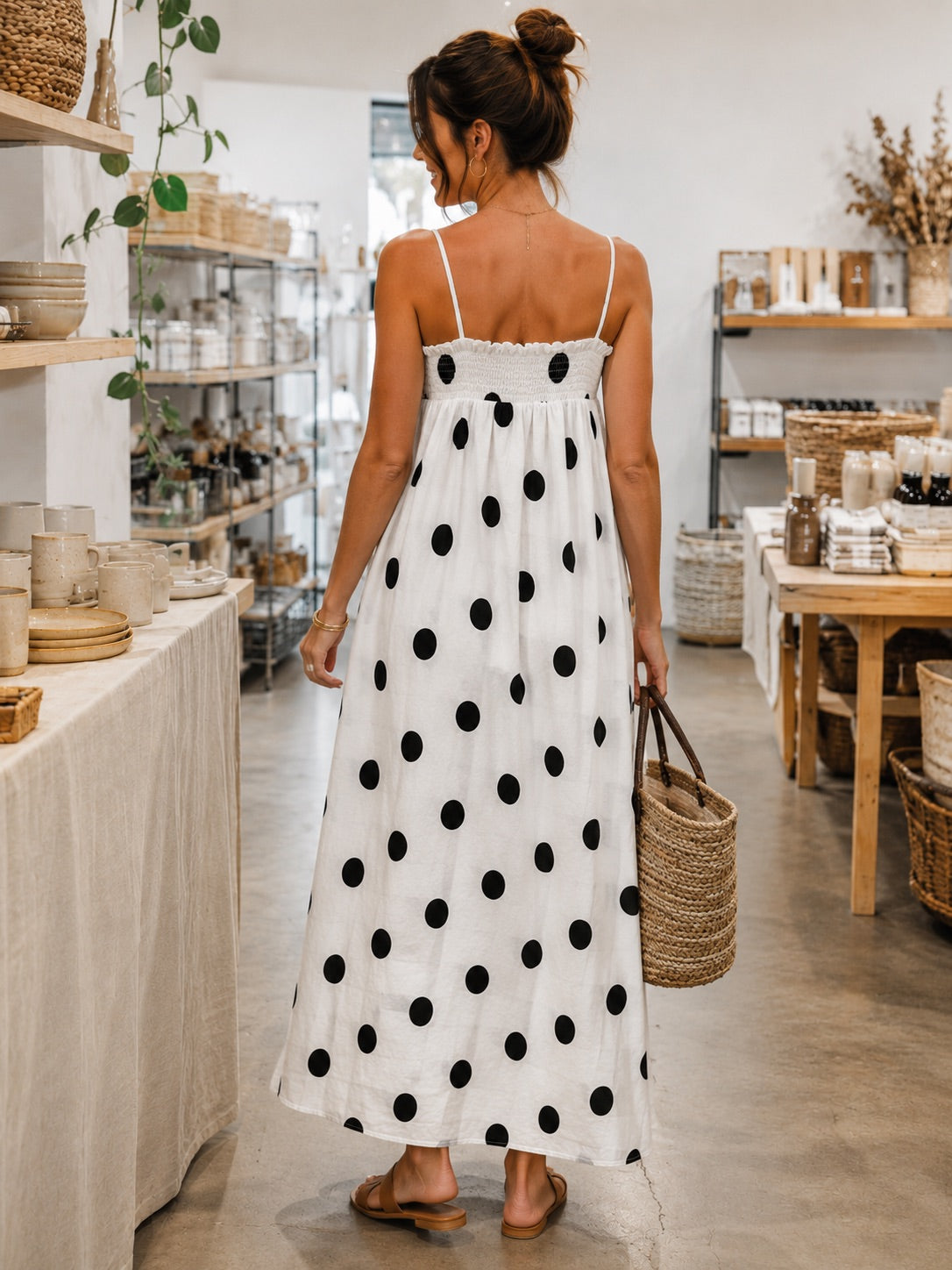 Delilah Polka Dot Smocked Midi Dress