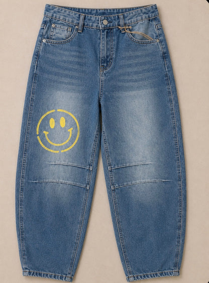 Smiley Face Barrel Leg Jeans