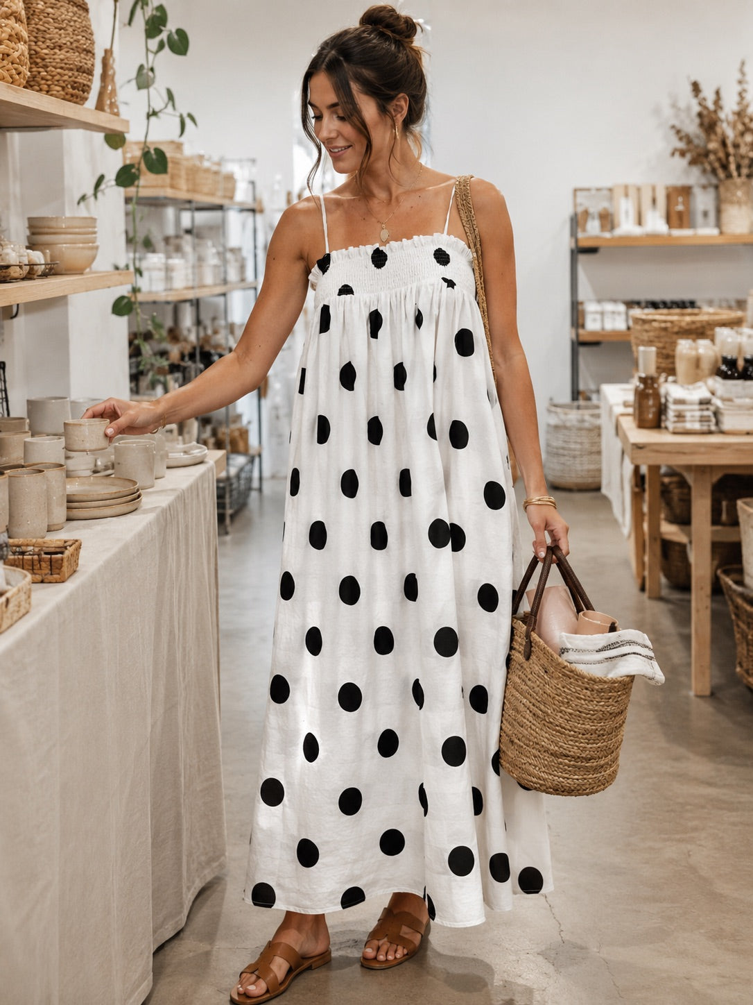 Delilah Polka Dot Smocked Midi Dress