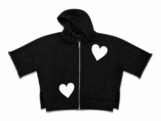 Fleece Short Sleeve Heart Stamped Hoodie